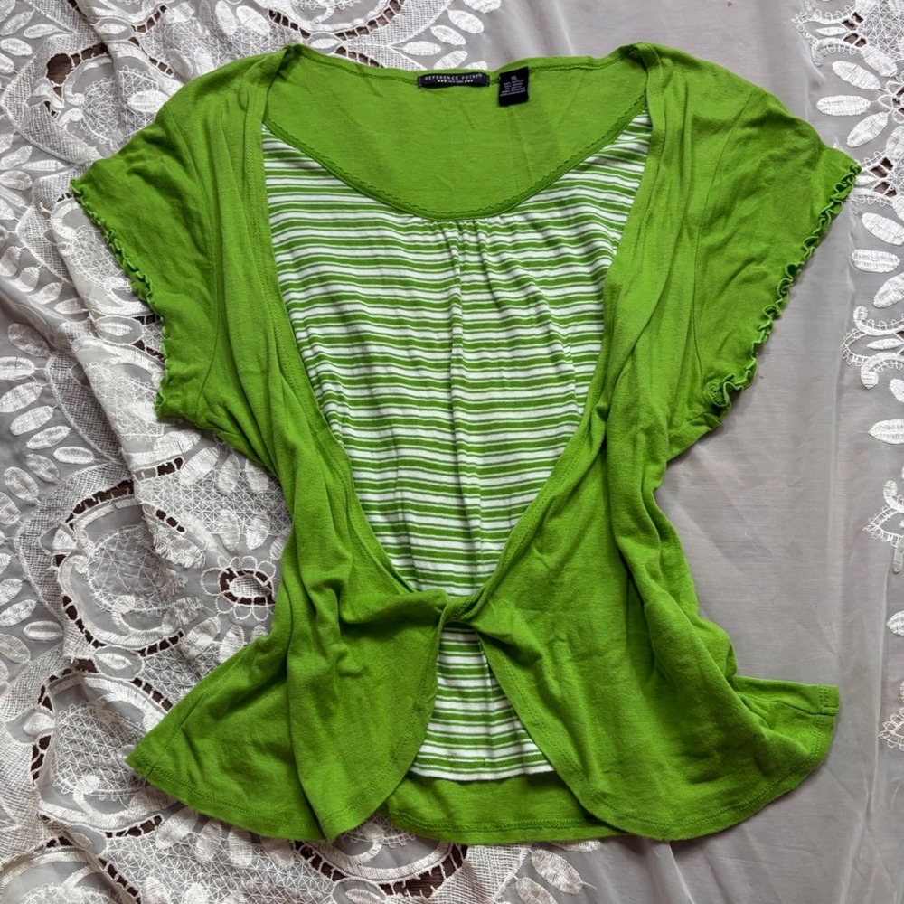 Y2K Layered Cutie Lime Green Striped Layered Knot Front Top XL